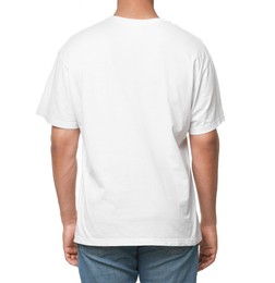 Man wearing t-shirt on white background, closeup