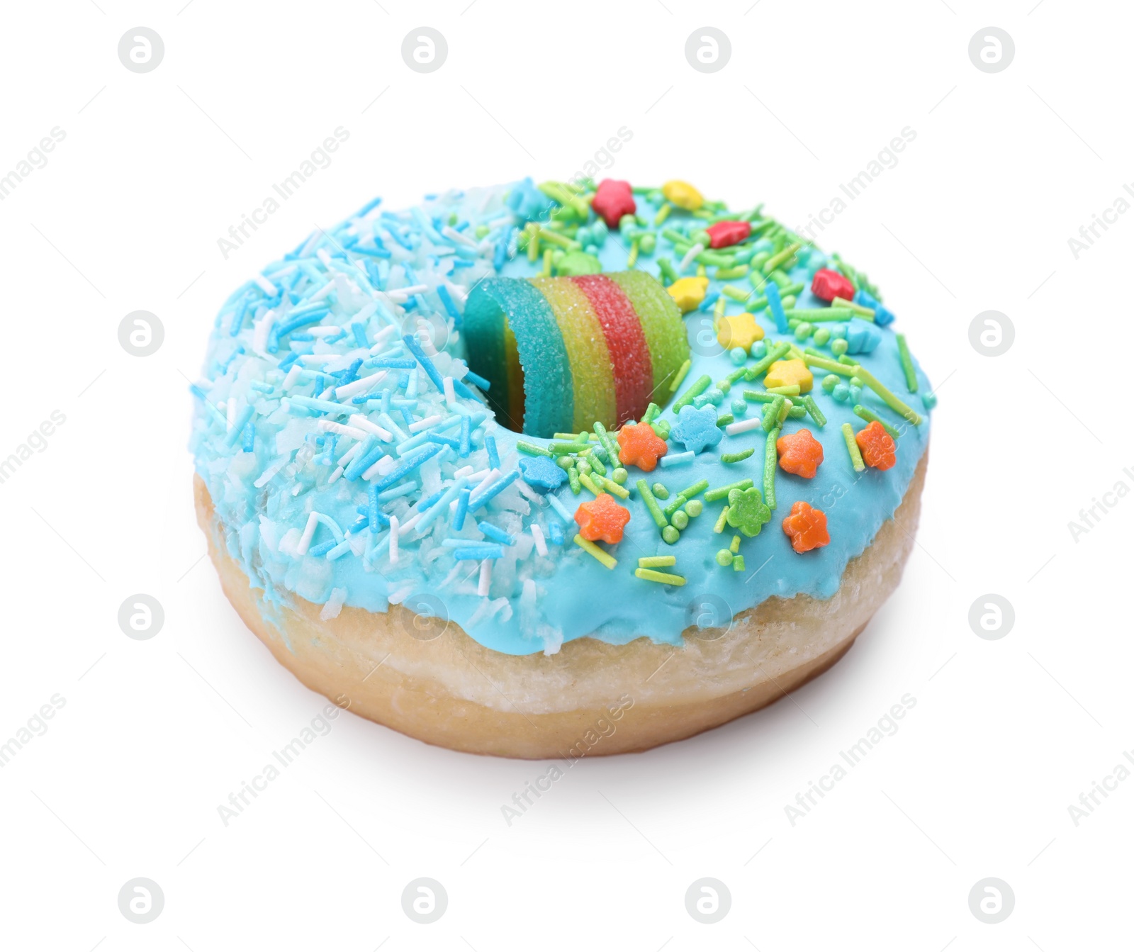 Photo of Glazed donut decorated with sprinkles isolated on white. Tasty confectionery