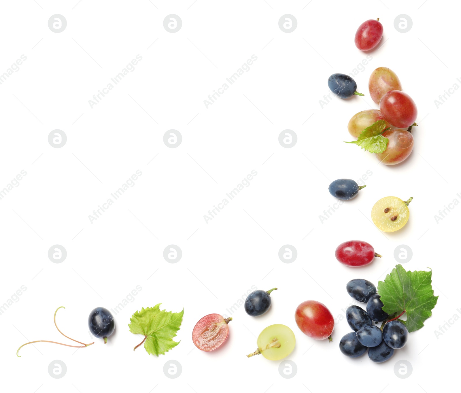 Photo of Fresh ripe juicy grapes on white background, top view. Space for text