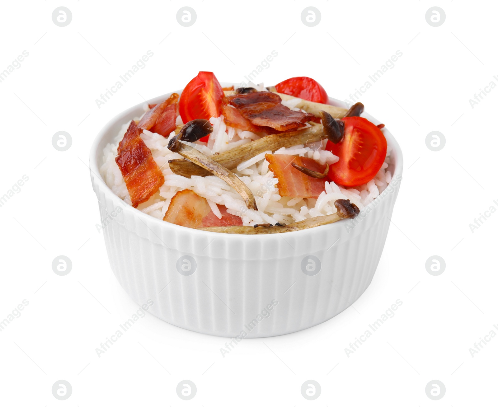 Photo of Delicious rice with bacon, mushrooms and tomatoes isolated on white