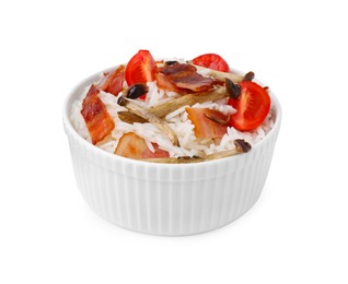 Photo of Delicious rice with bacon, mushrooms and tomatoes isolated on white