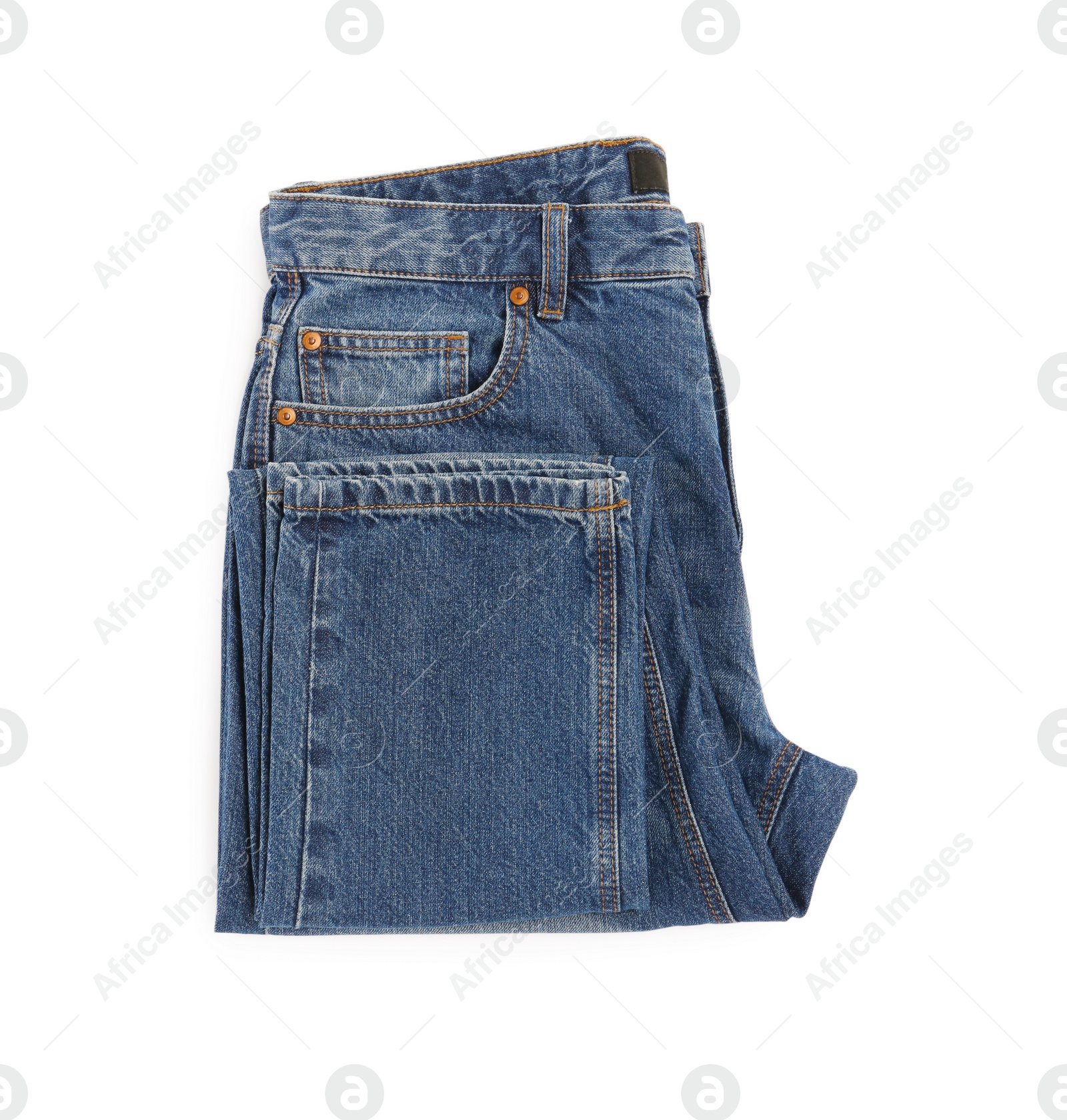 Photo of Blue jeans isolated on white, top view. Stylish clothes