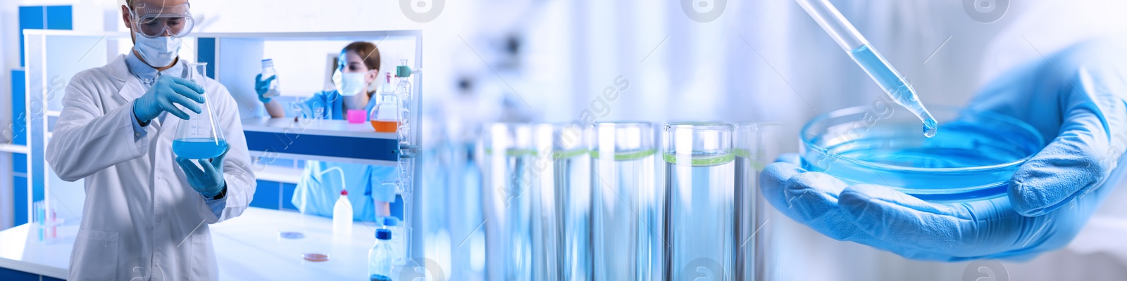 Image of Chemistry and chemical research. Collage of laboratory glassware and scientists working with liquids. Banner design