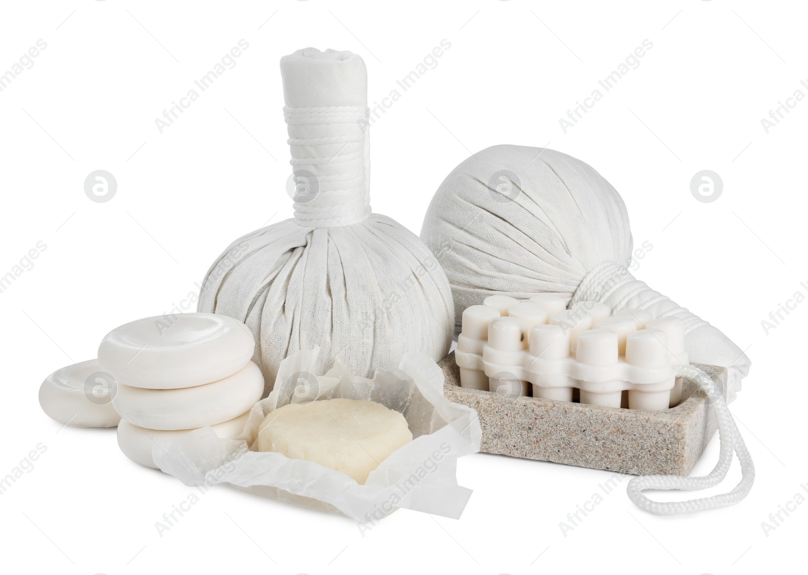 Photo of Beautiful spa composition with different body care products isolated on white