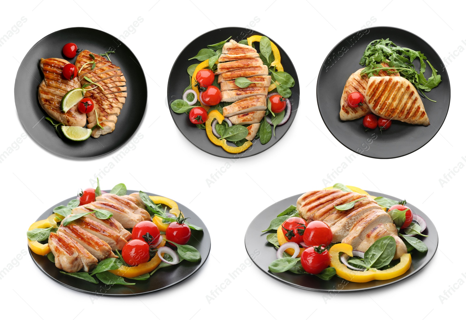 Image of Set of grilled chicken breasts on white background