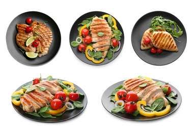 Set of grilled chicken breasts on white background