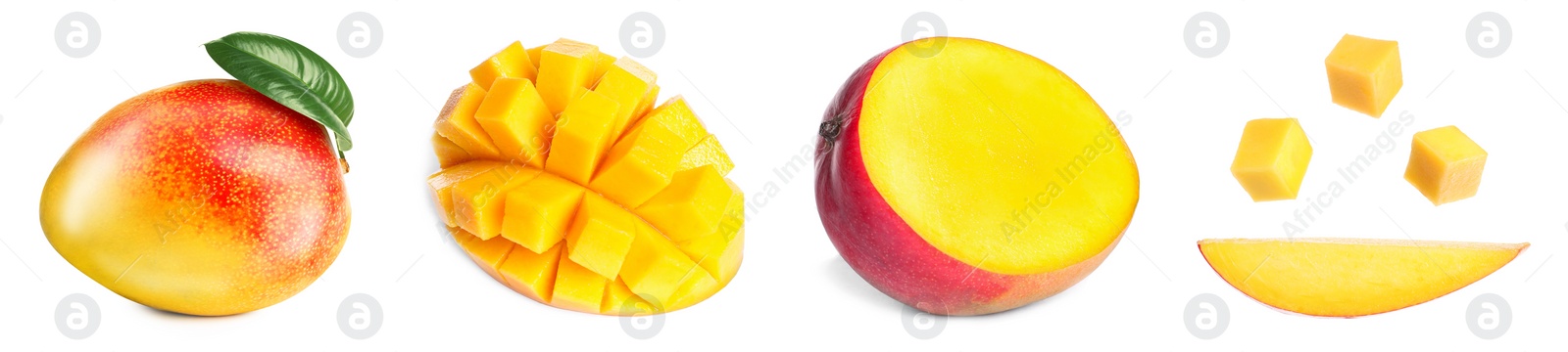 Image of Mango fruits cut in different ways and one whole isolated on white