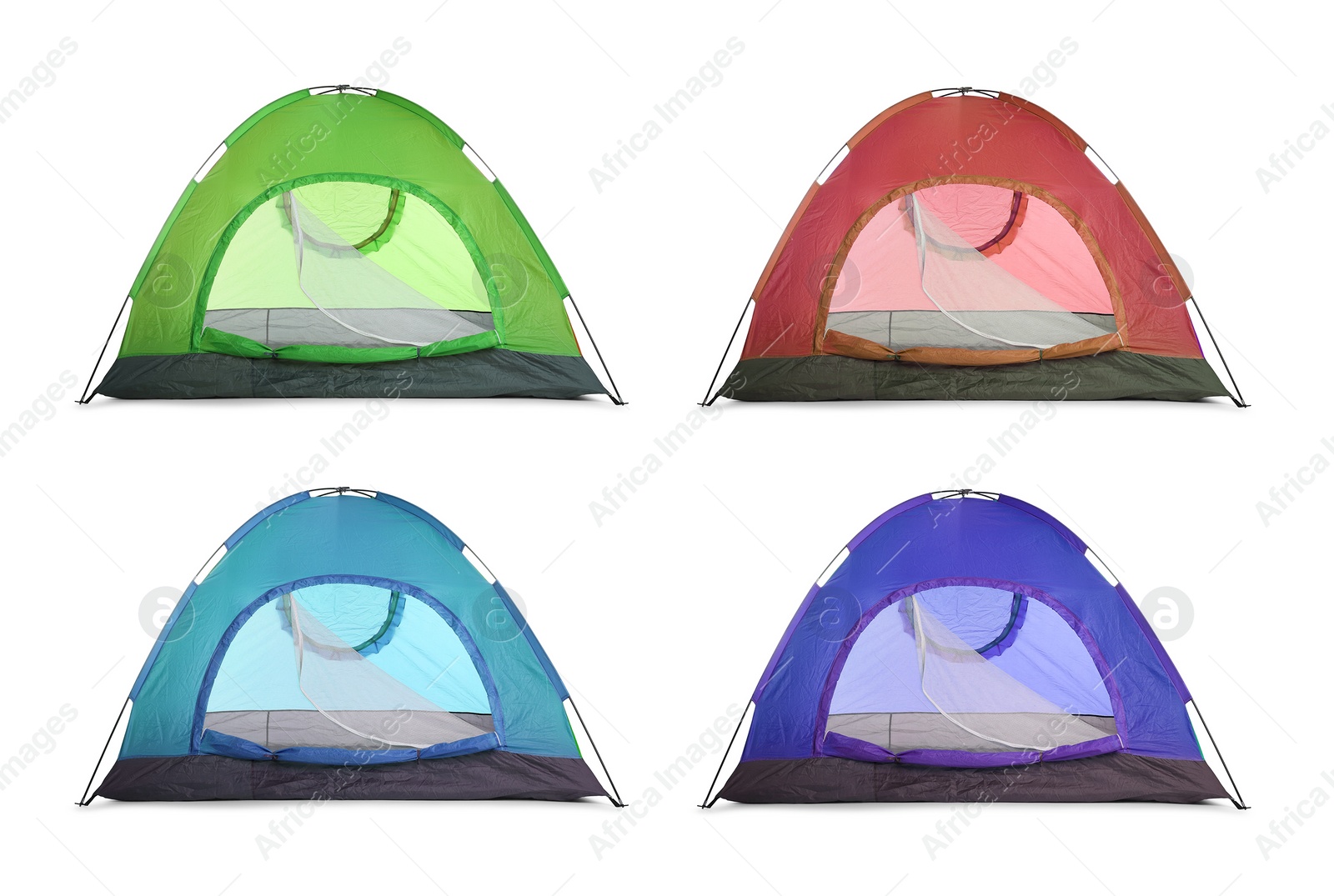 Image of Set with different colorful camping tents on white background