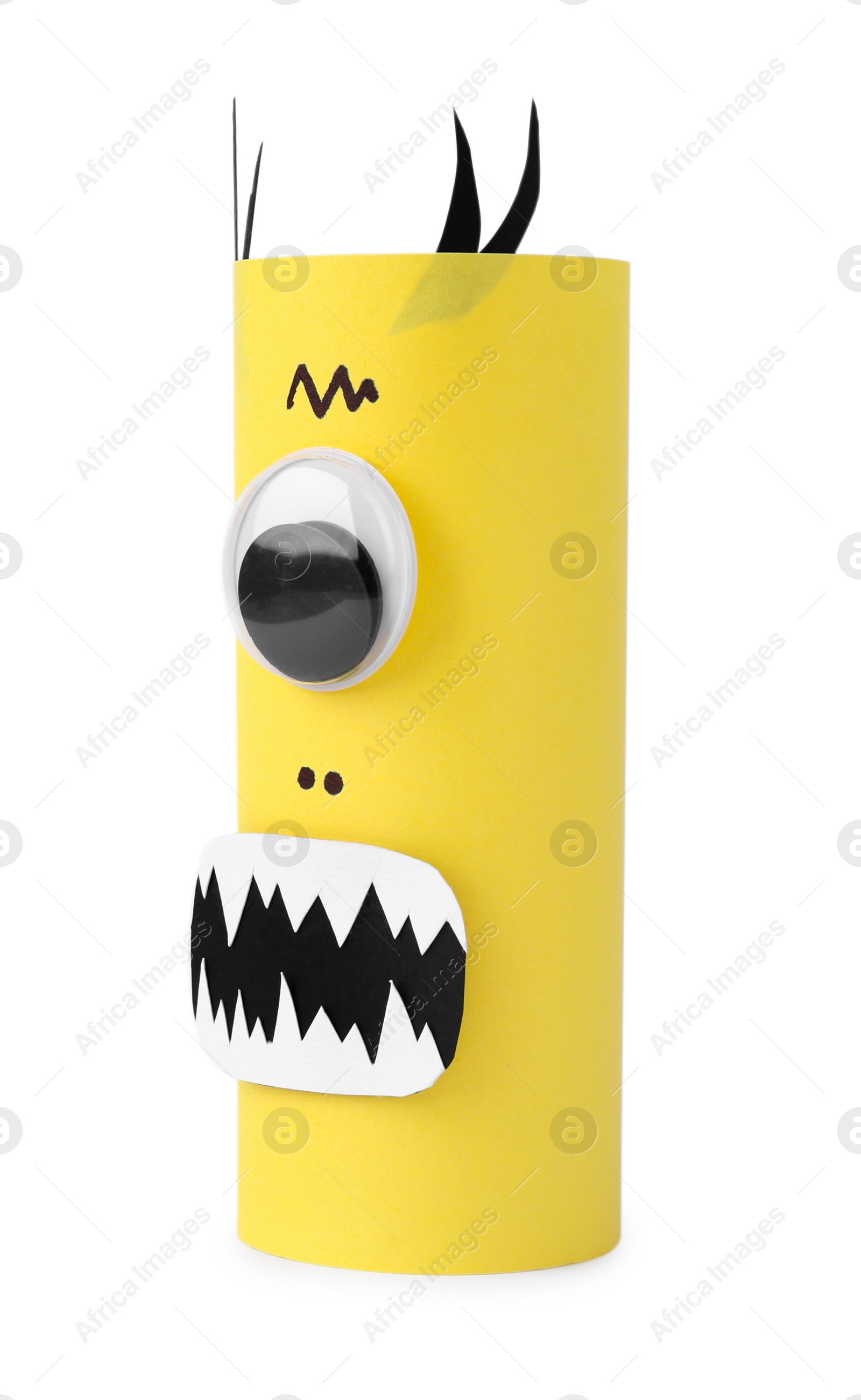 Photo of Monster made of yellow paper isolated on white. Halloween decoration