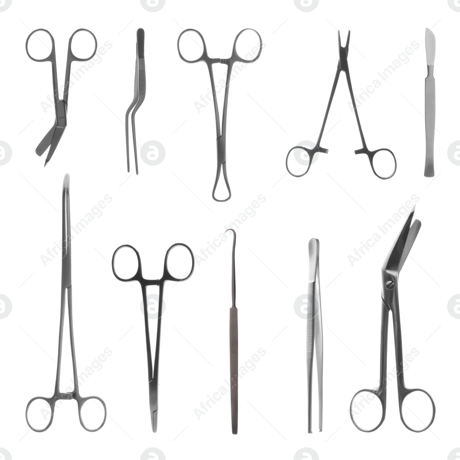 Image of Set with different surgical instruments on white background 