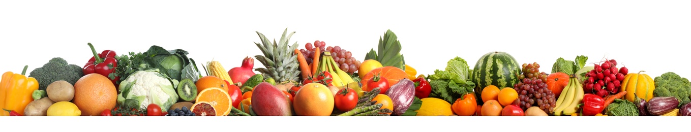 Collection of fresh organic vegetables and fruits on white background. Banner design 