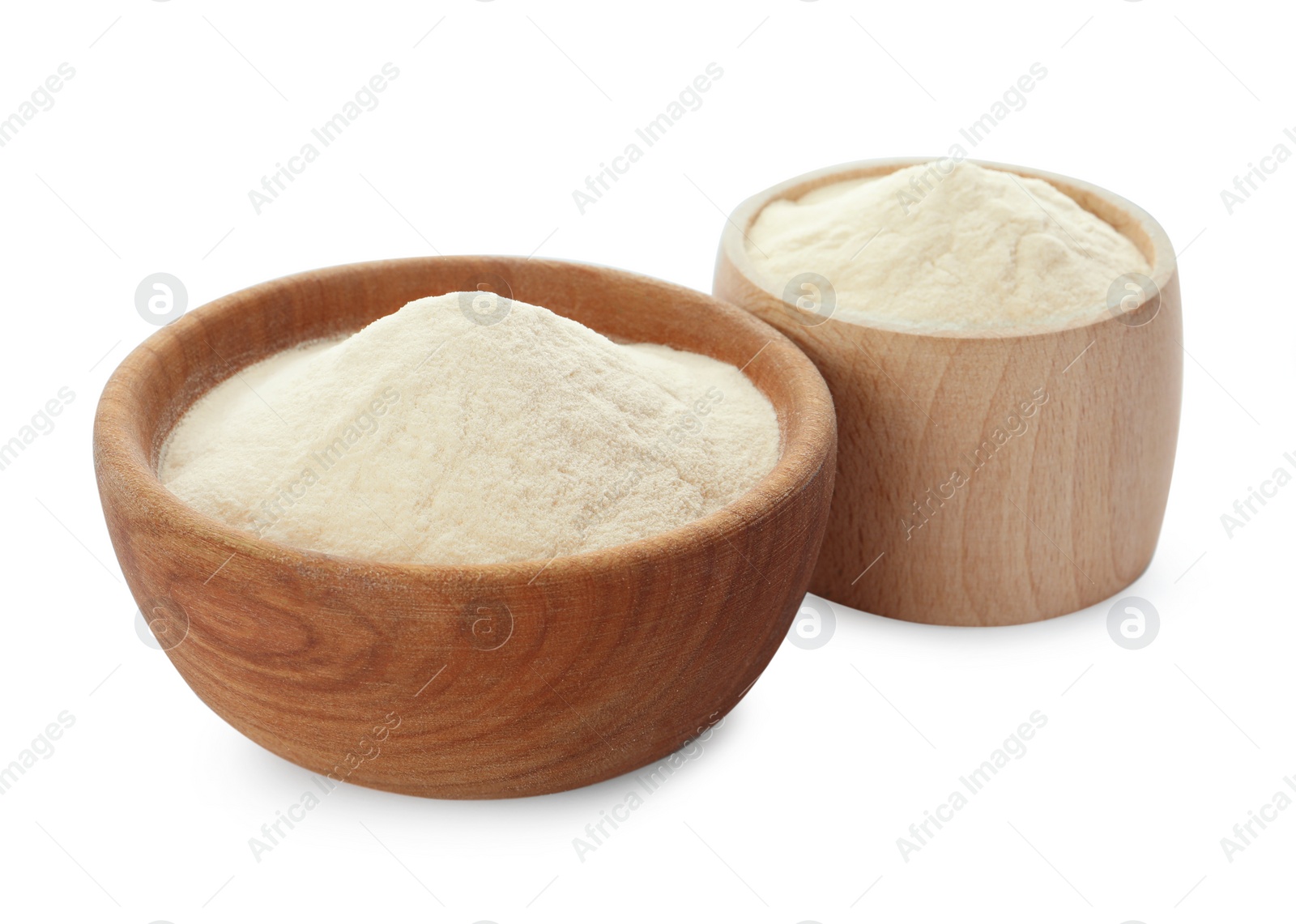 Photo of Wooden bowl and box of agar-agar powder on white background