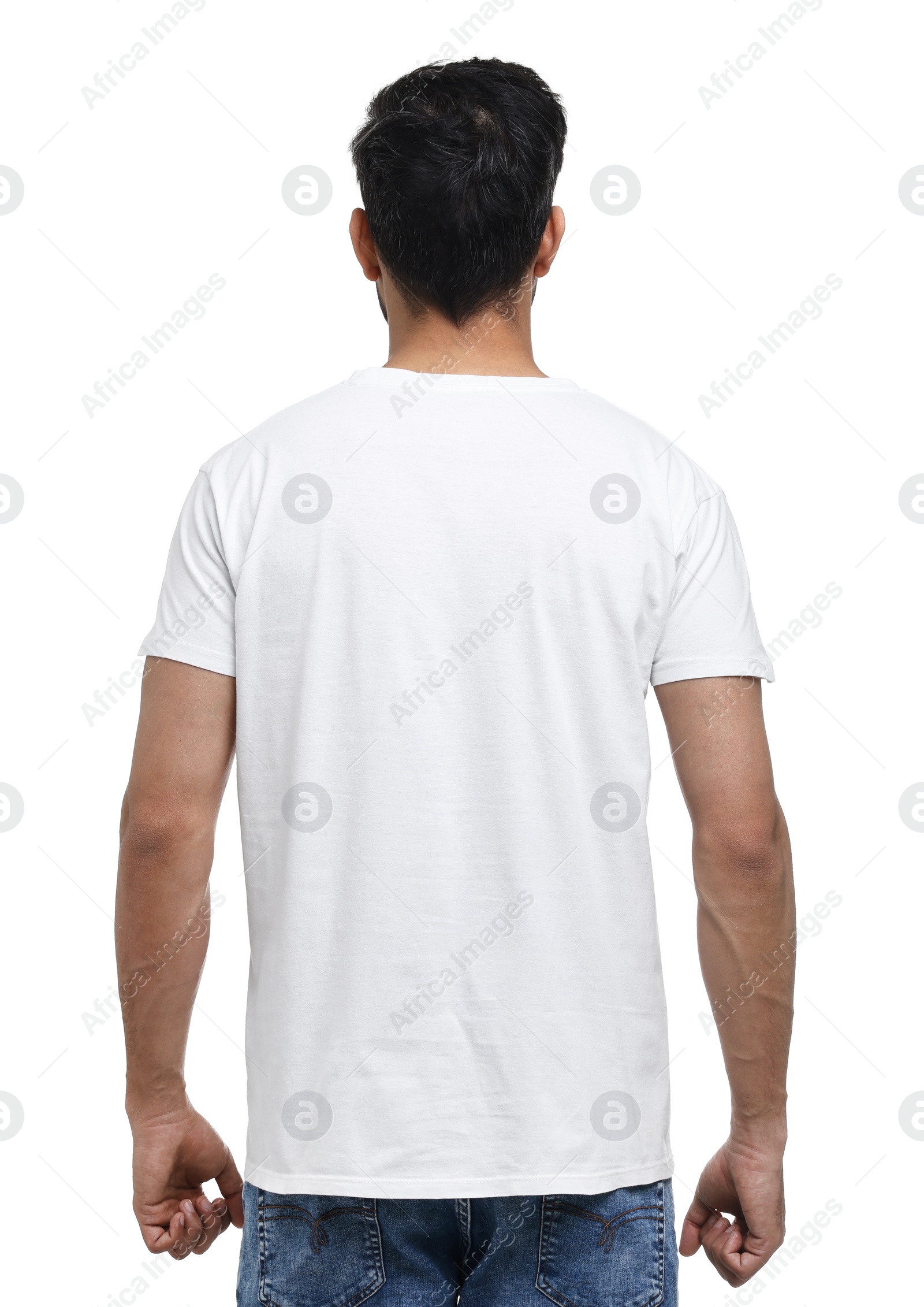 Photo of Man in t-shirt on white background, back view