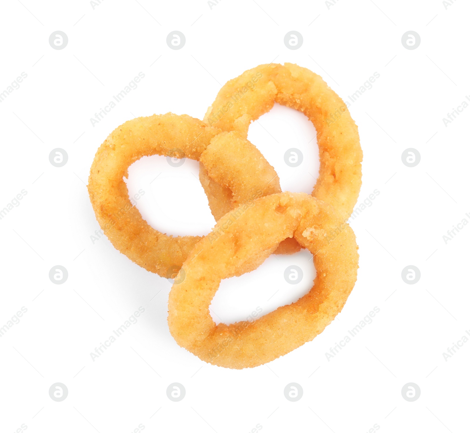 Photo of Delicious golden onion rings isolated on white