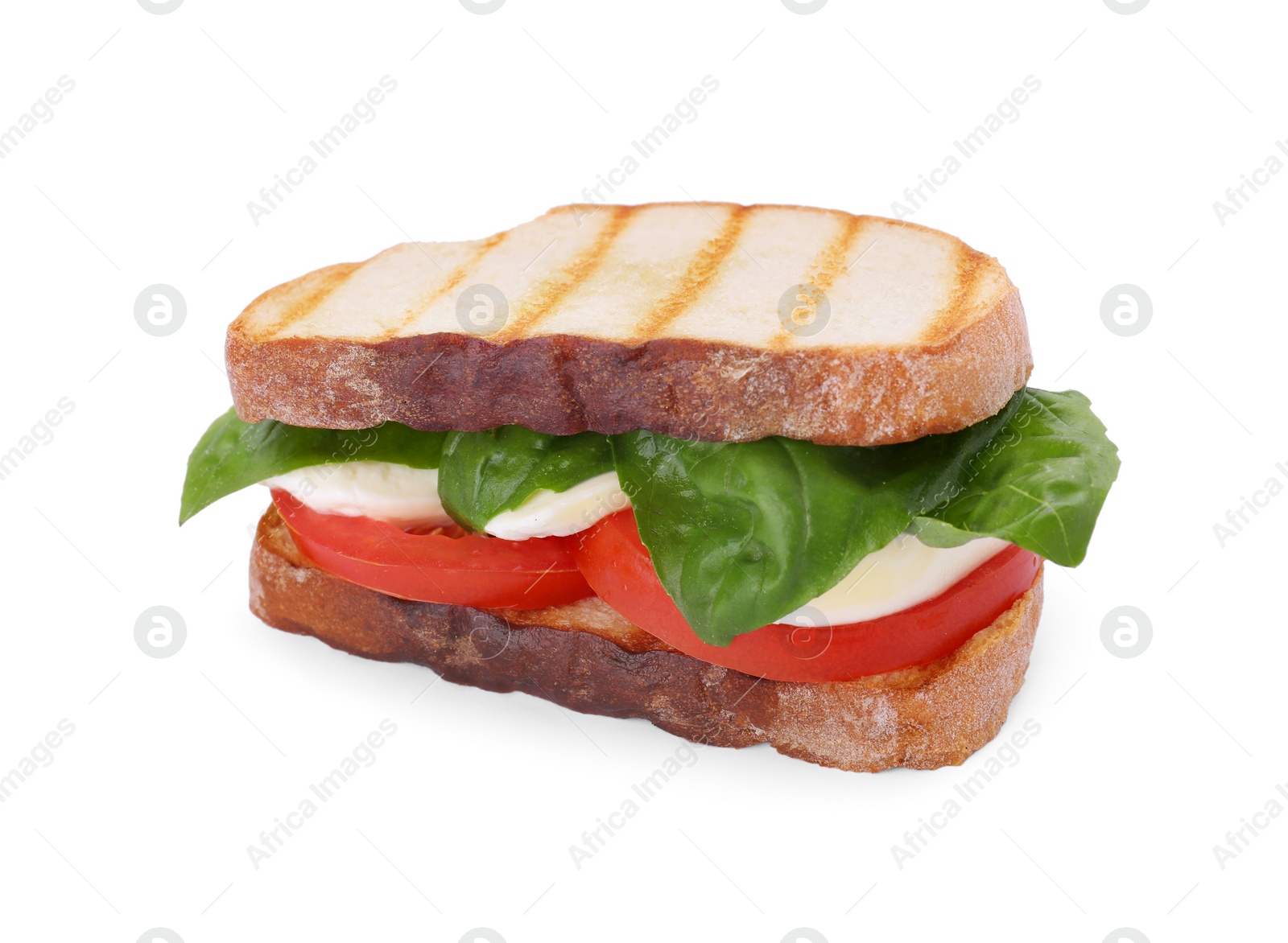 Photo of Delicious Caprese sandwich with mozzarella, tomatoes and basil isolated on white