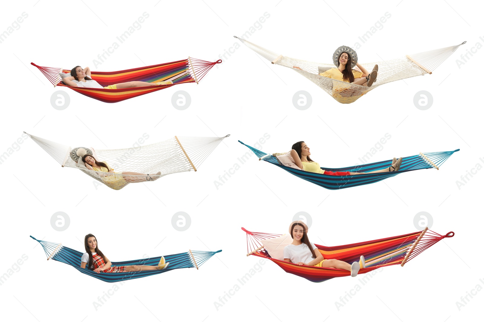 Image of Collage with woman resting in different hammocks on white background