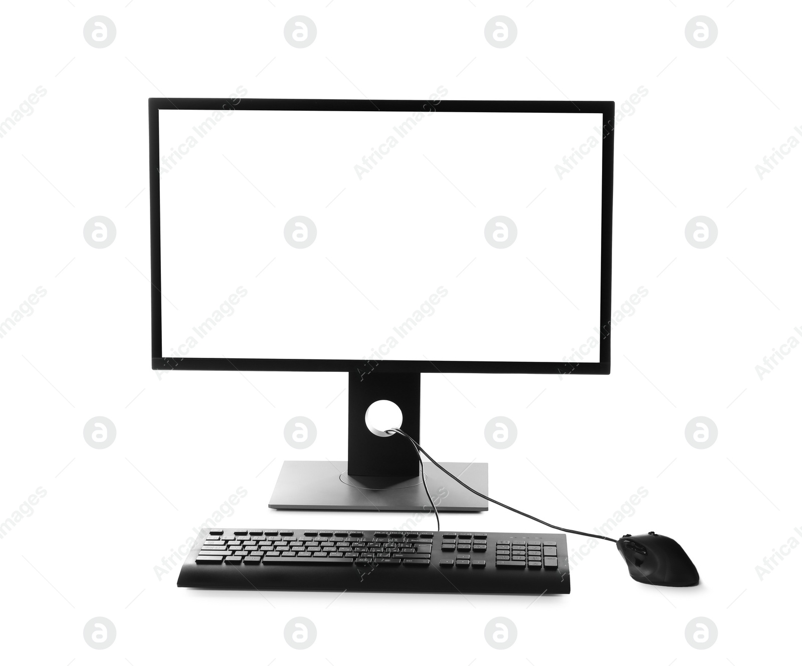 Photo of Modern computer with blank monitor screen and peripherals on white background