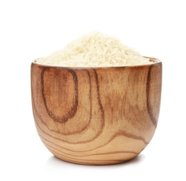 Photo of Bowl with uncooked rice on white background