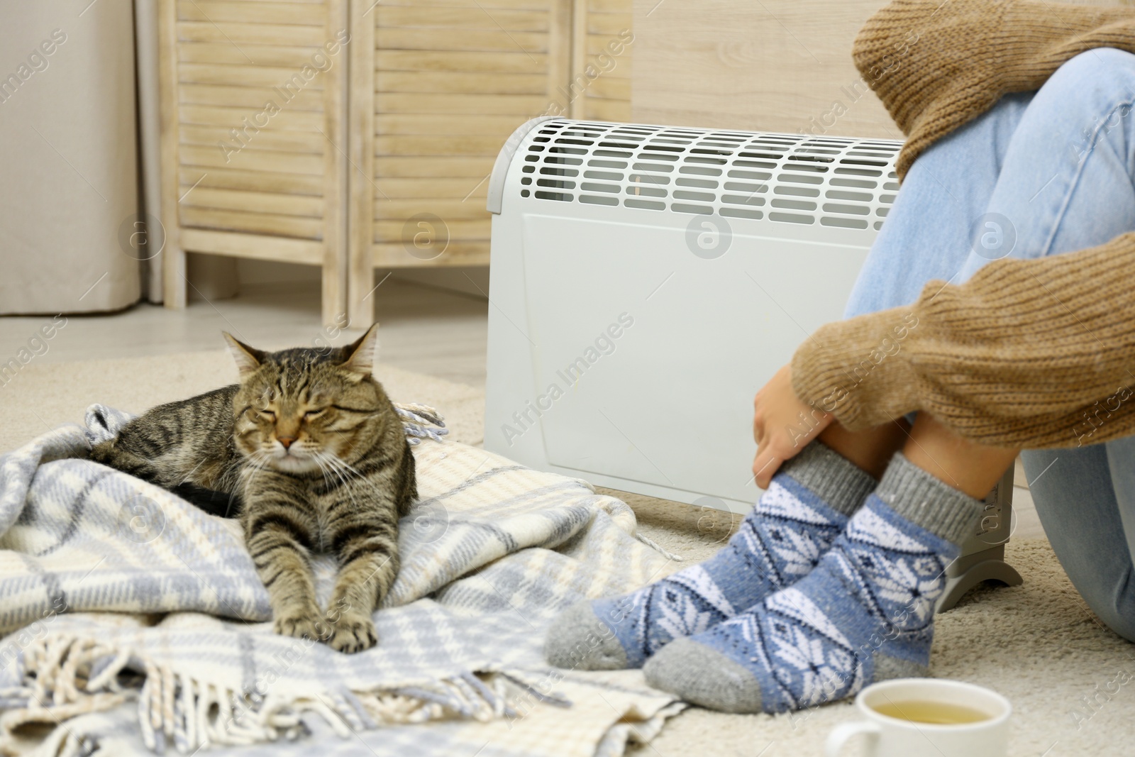 Photo of Young woman and cute tabby cat near electric heater at home, closeup