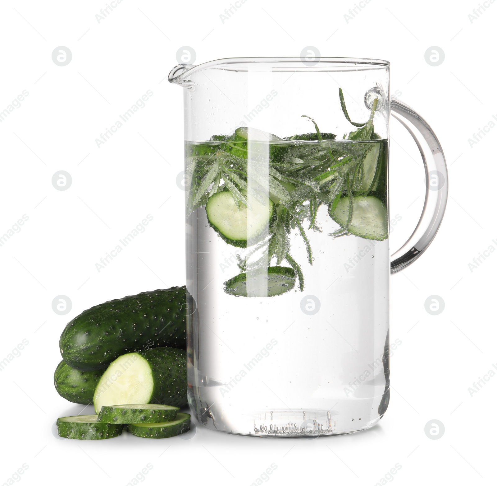 Photo of Refreshing cucumber water with rosemary in jug isolated on white