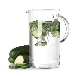 Photo of Refreshing cucumber water with rosemary in jug isolated on white