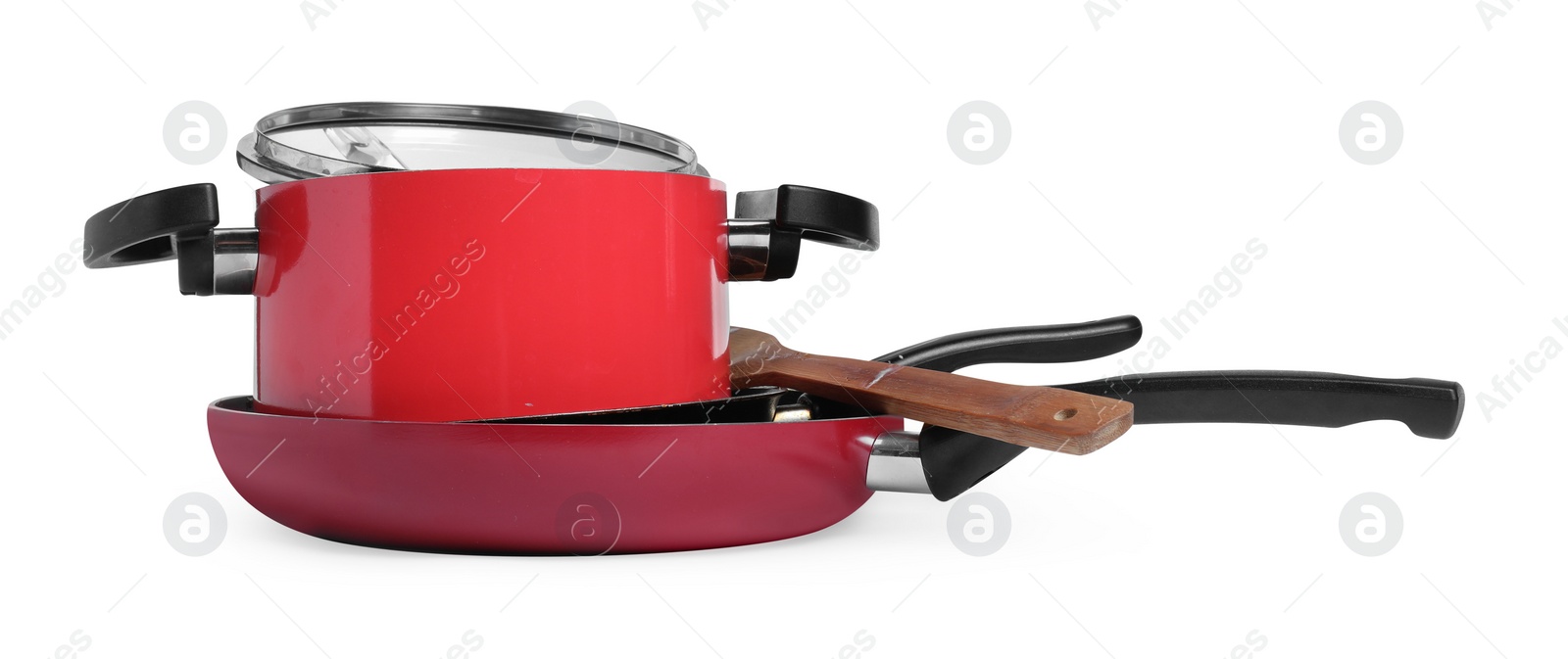 Photo of Stack of dirty dishes on white background