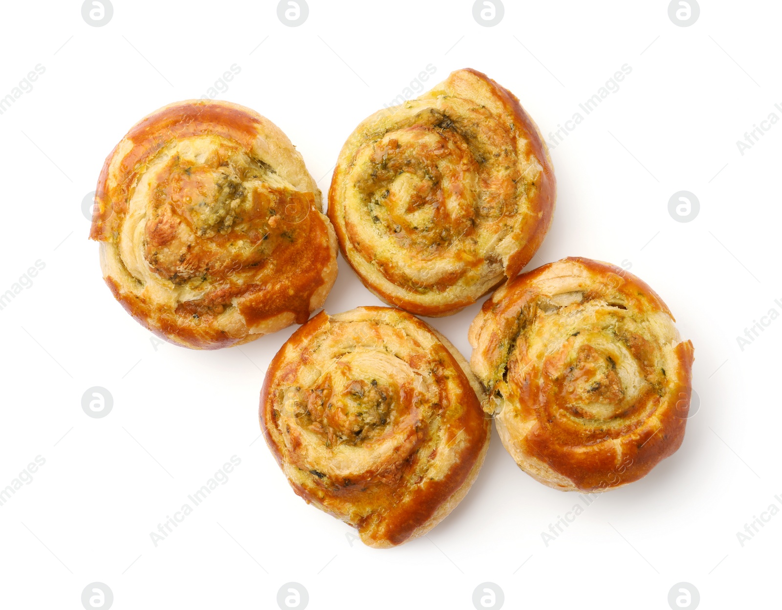 Photo of Fresh delicious puff pastry with tasty filling on white background, top view