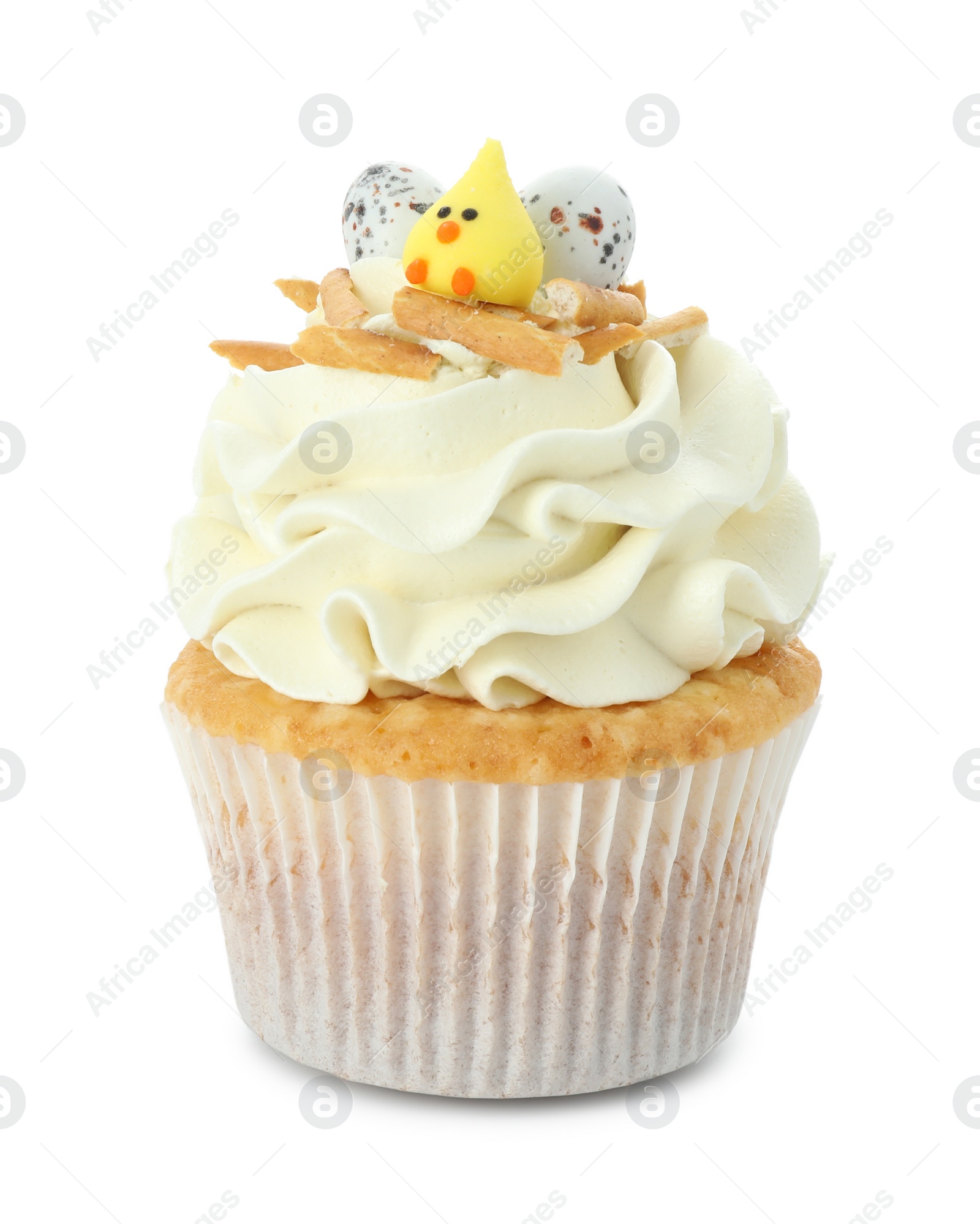 Photo of Tasty Easter cupcake with vanilla cream isolated on white