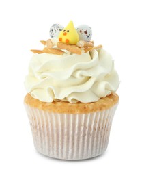 Tasty Easter cupcake with vanilla cream isolated on white