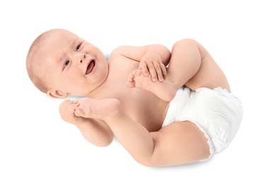 Photo of Cute little baby lying on white background, top view