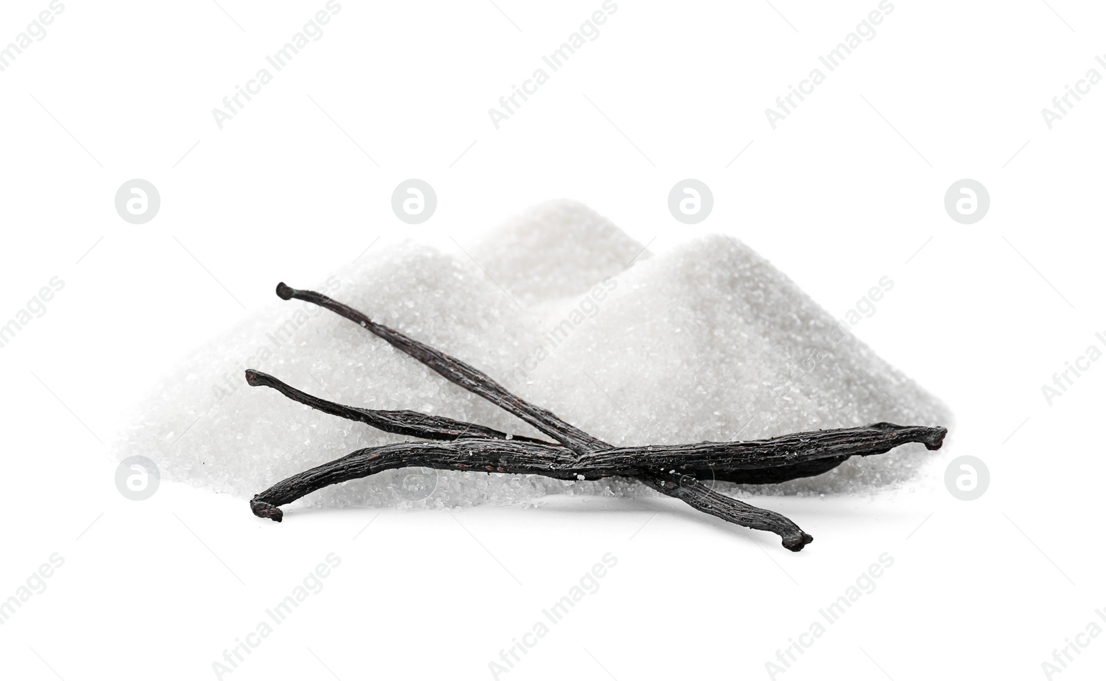 Photo of Vanilla sugar and sticks on white background