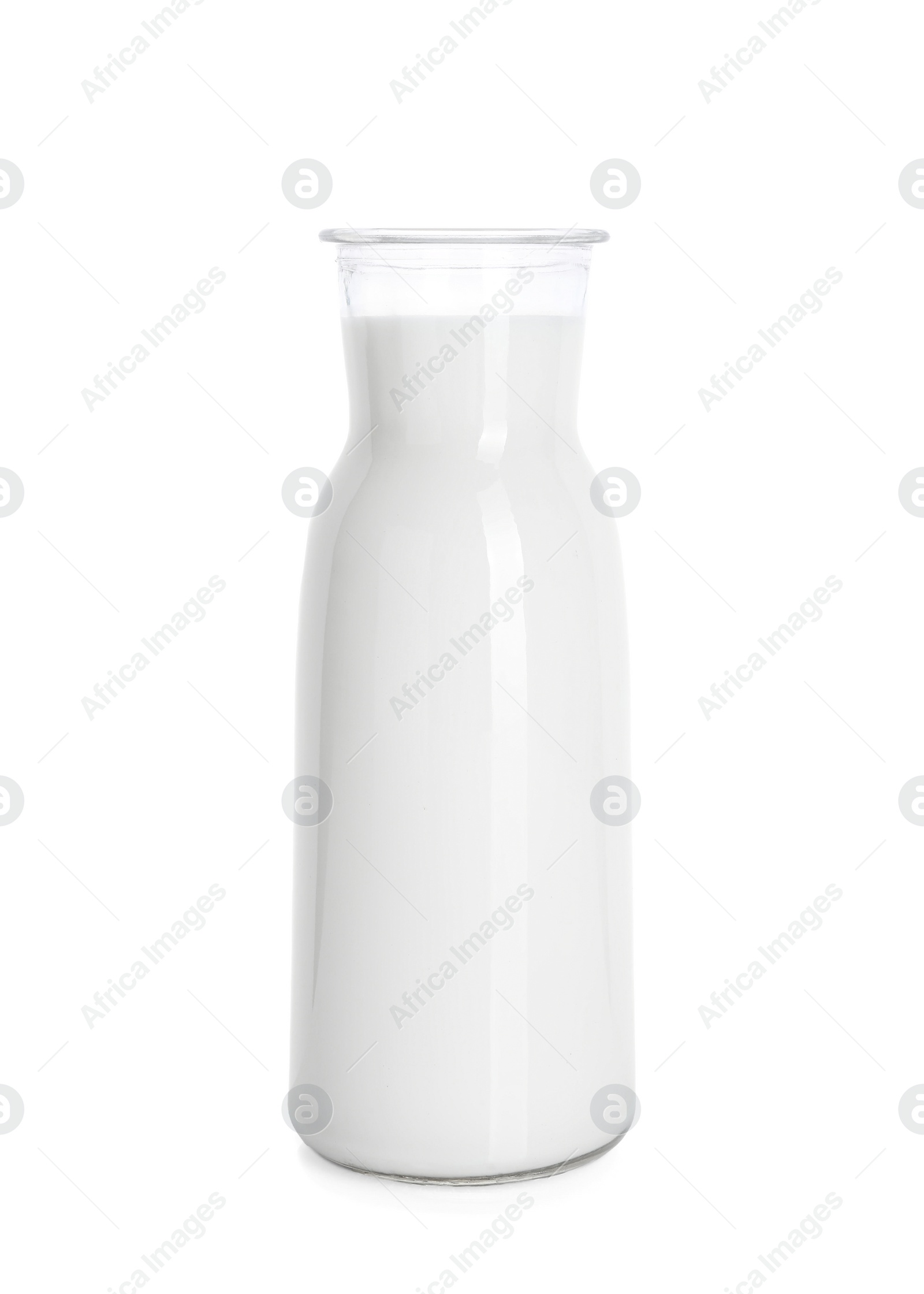 Photo of Glass carafe of fresh milk isolated on white