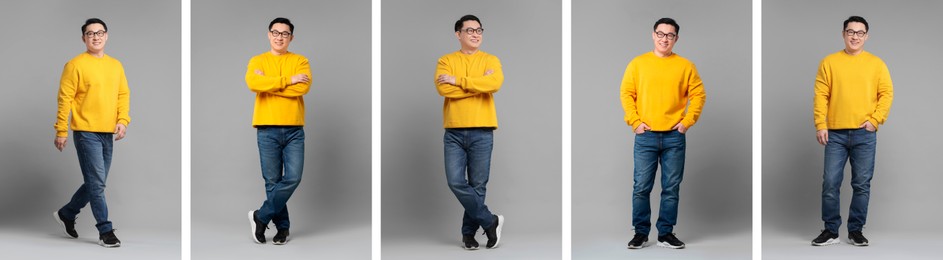 Full length portrait of Asian man on grey background, set with photos