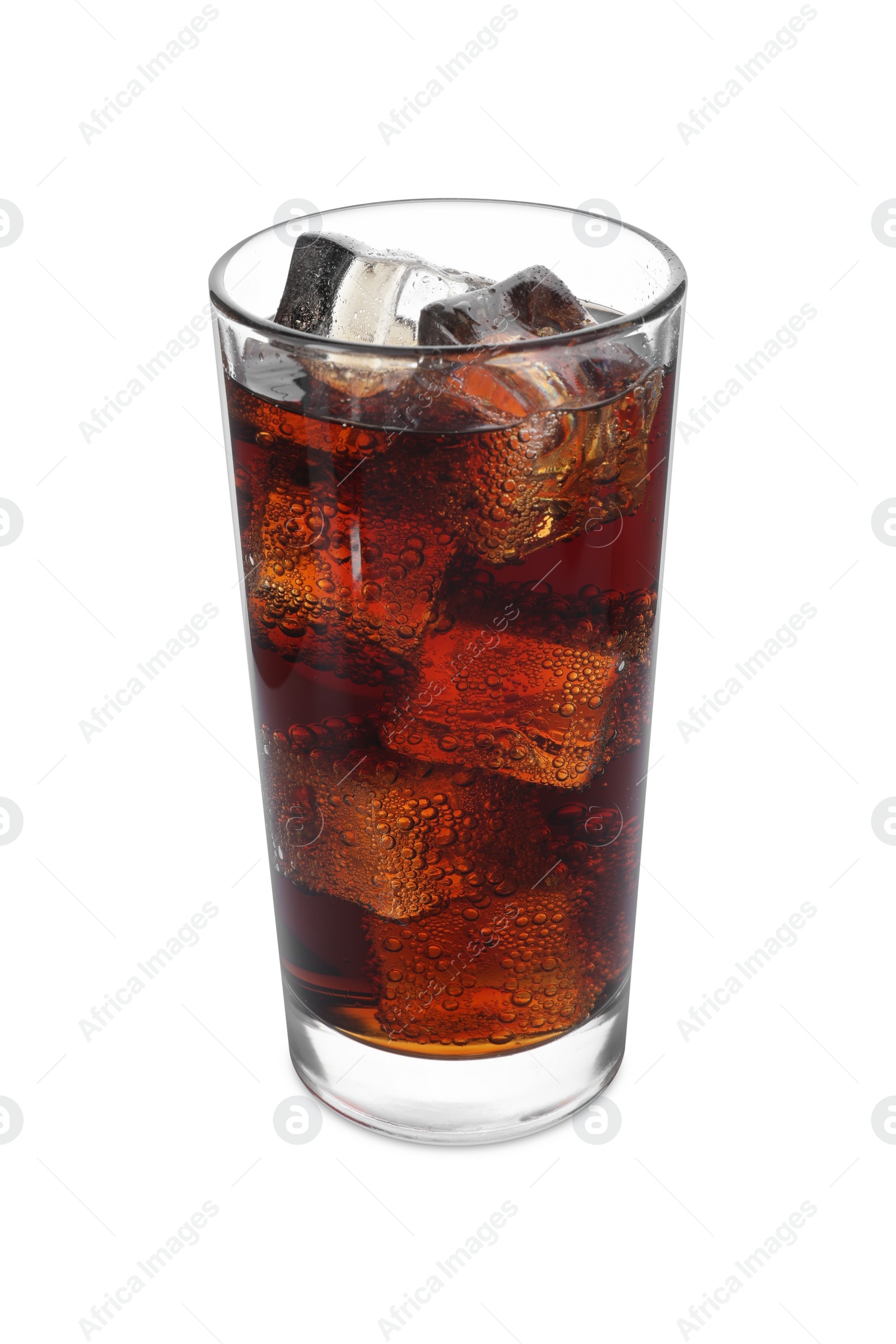 Photo of Glass of refreshing soda water with ice cubes isolated on white