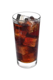 Photo of Glass of refreshing soda water with ice cubes isolated on white