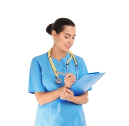 Photo of Portrait of young medical assistant with stethoscope and clipboard on white background