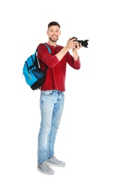 Photo of Male photographer with camera on white background