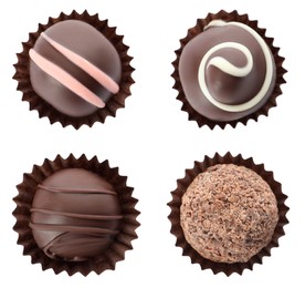 Image of Set with delicious sweet chocolate truffles on white background, top view