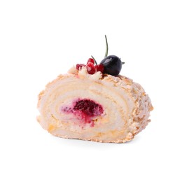 Photo of Slice of tasty meringue roll with jam, olive and rosemary isolated on white