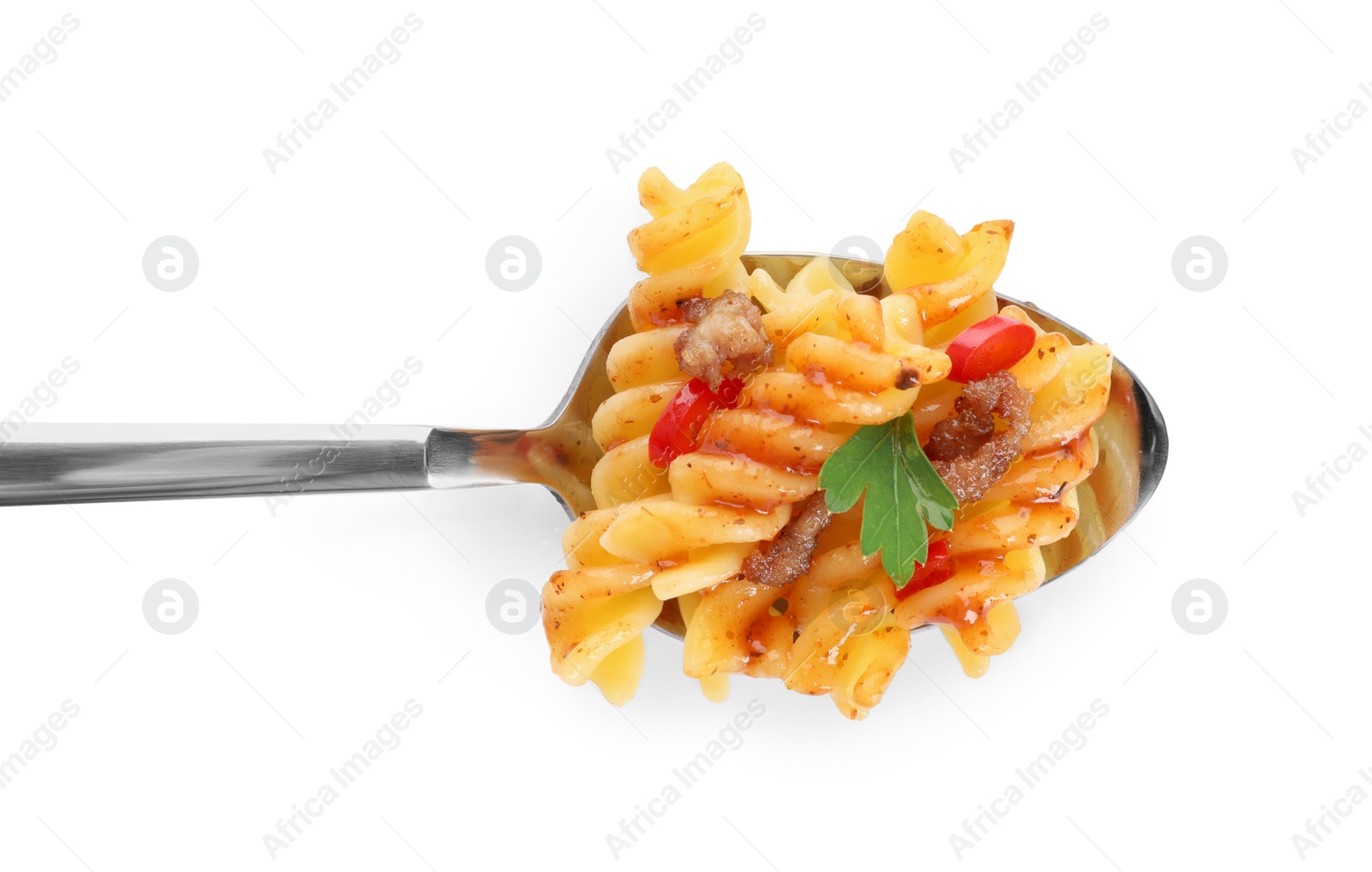 Photo of Spoon with tasty pasta isolated on white, top view