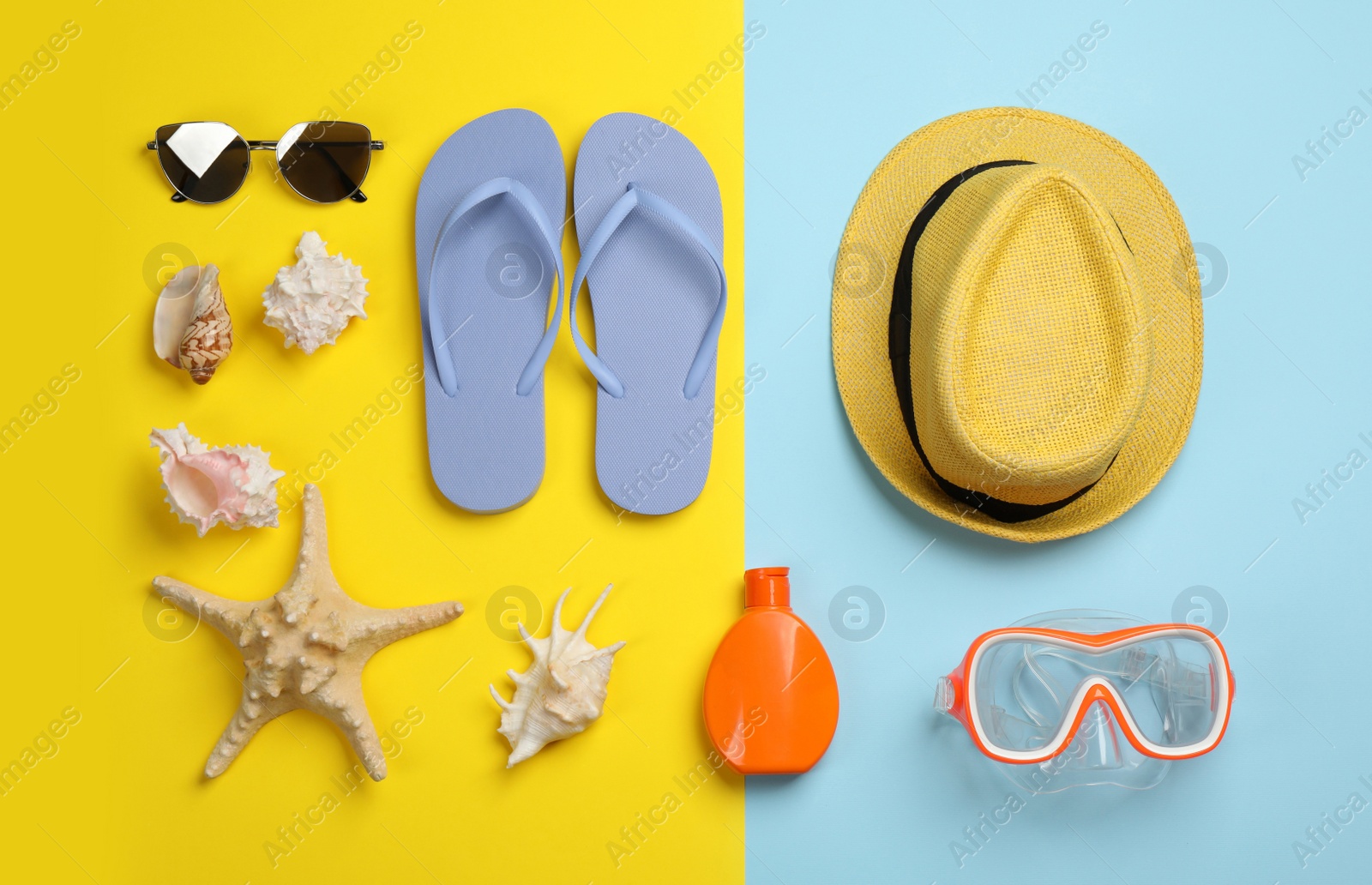 Photo of Flat lay composition with beach objects on color background