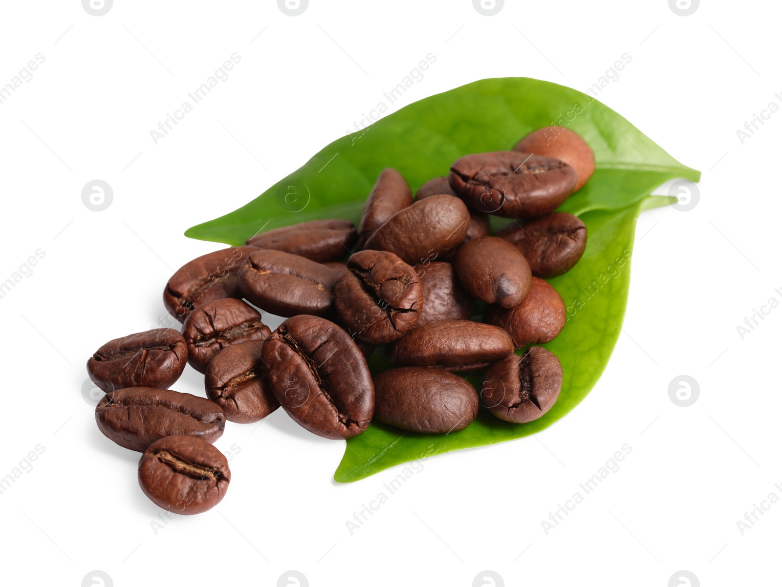 Photo of Roasted coffee beans and leaves isolated on white