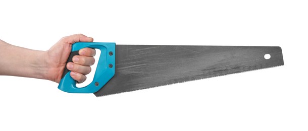 Man holding saw with light blue handle isolated on white, closeup