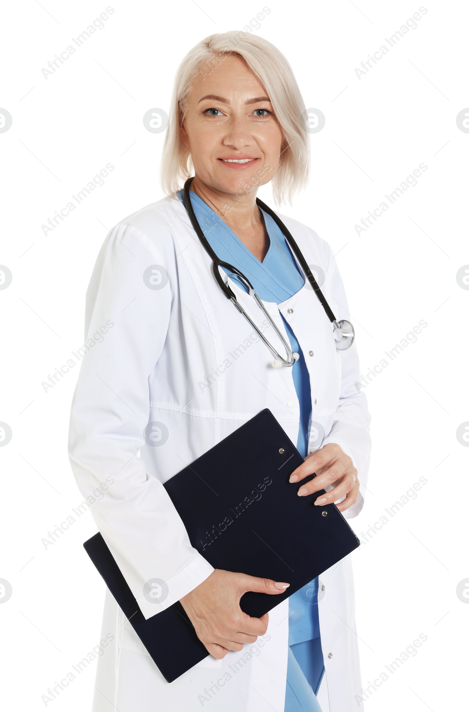 Photo of Portrait of female doctor with clipboard isolated on white. Medical staff