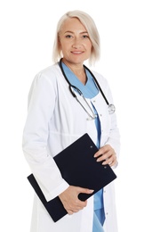 Photo of Portrait of female doctor with clipboard isolated on white. Medical staff