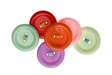 Photo of Many colorful sewing buttons on white background, top view