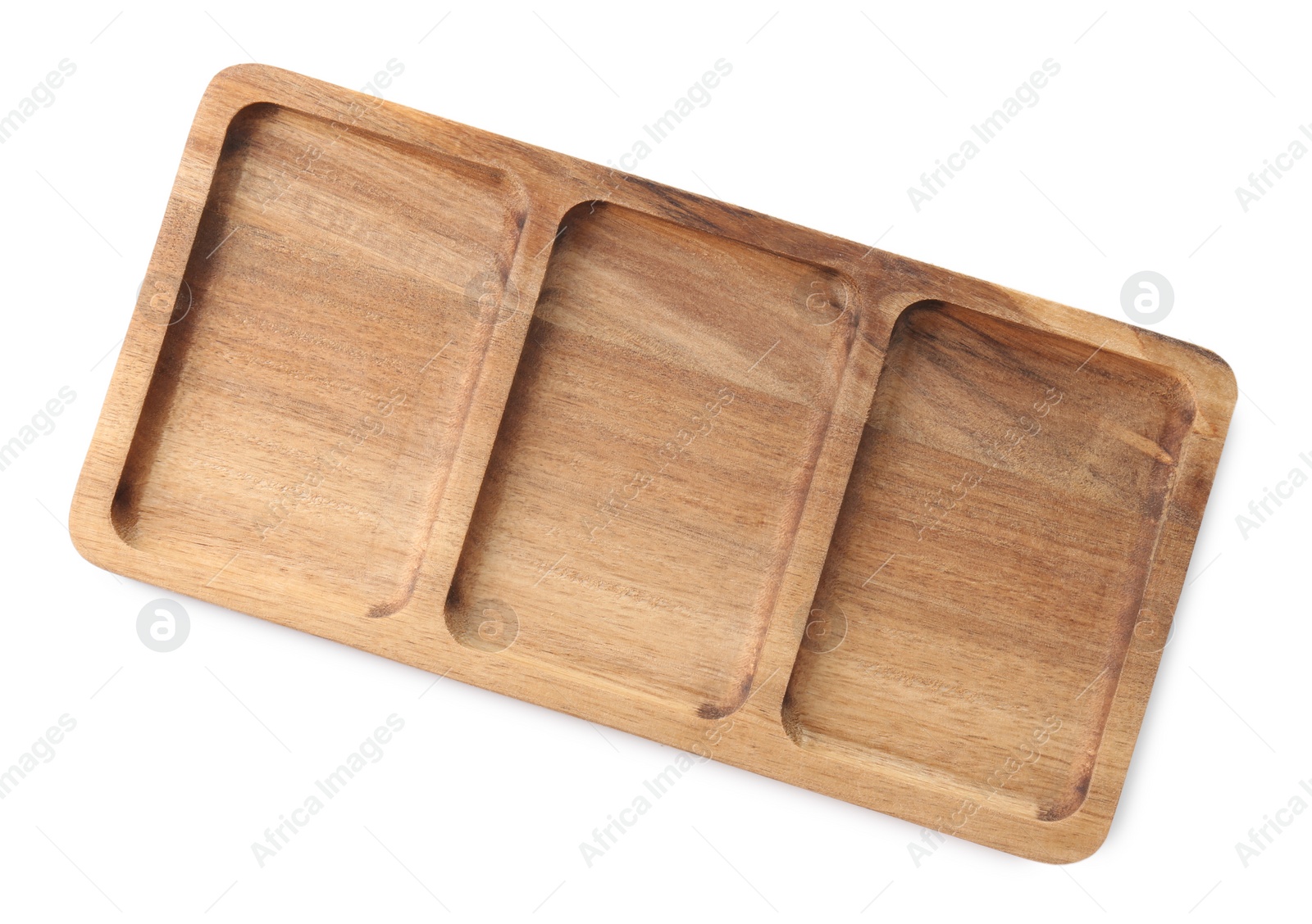 Photo of One wooden serving board on white background, top view