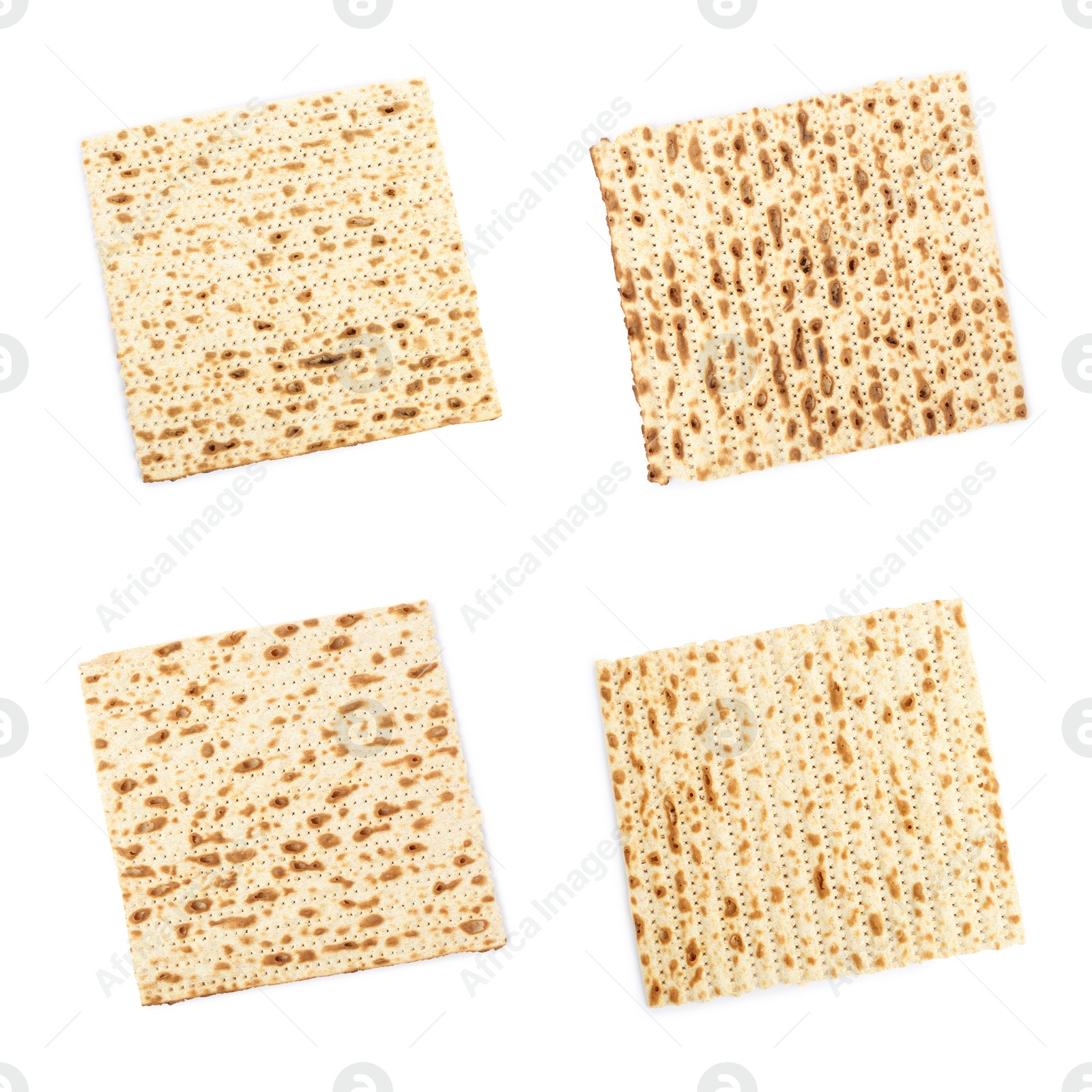 Image of Set with Passover matzos on white background, top view. Pesach celebration