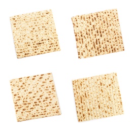 Image of Set with Passover matzos on white background, top view. Pesach celebration