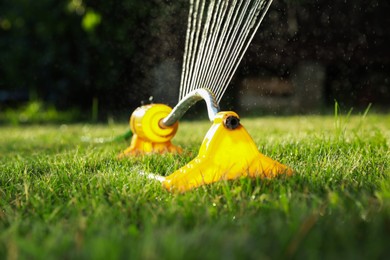 Automatic sprinkler watering green grass on lawn in garden, closeup. Irrigation system